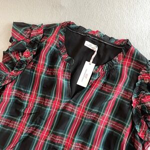 Vineyard Vines Women's 3X Apres Tartan Ruffle Sleeve Plaid Top Shirt